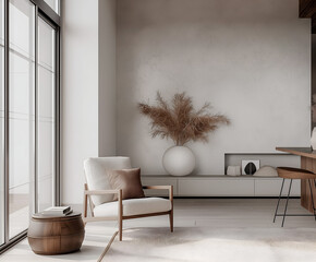Aesthetic elegant minimalist modern interior design. Clear mock up empty wall for decoration in the apartment. Copy space in the room. Neutral palette of natural colors.