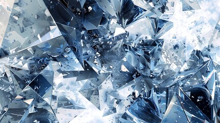 An abstract composition with fragmented, crystalline shapes in cool tones