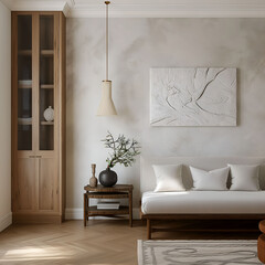 Aesthetic elegant minimalist modern interior design. Clear mock up empty wall for decoration in the apartment. Copy space in the room. Neutral palette of natural colors.