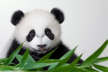 Studio photo of a cute panda bear cub isolated against a white background. Wildlife and conservation concept, space for copy.