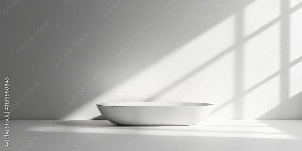 Poster soft light casts gentle shadows over a minimalist white bowl placed on a smooth surface, creating a 