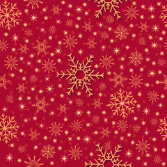 A festive Christmas background with a seamless pattern of golden snowflakes and stars on a deep red background