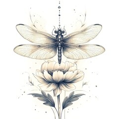 A drawing of a white dragonfly on a flower