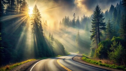 Fototapeta premium Serene Sunrise Winding Road Through Misty Forest with Golden Sunbeams