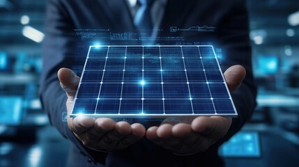 Businessman holding virtual solar panel with data flowing in server room