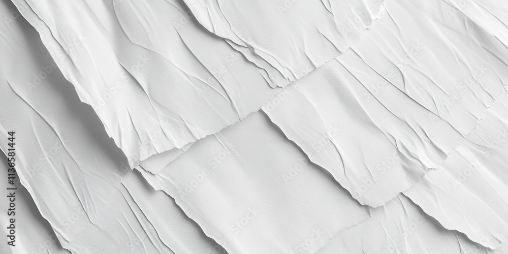 Poster crumpled white paper sheets display unique textures and folds, creating a visually interesting compo