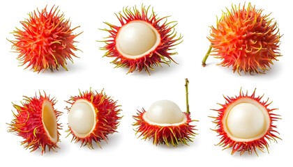 A set of Rambutan isolated on a white background. It includes whole,halved and slice, all with full depth of field. --ar 7:4