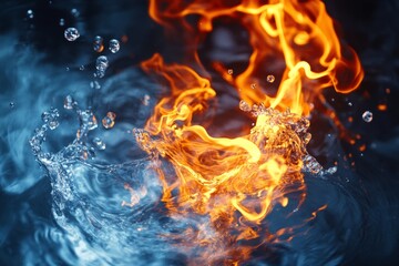 fire and water dancing, splashes of water and flames interact together