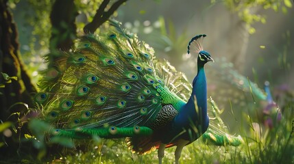 Obraz premium peacock spreading its vibrant feathers in an open grassy area.