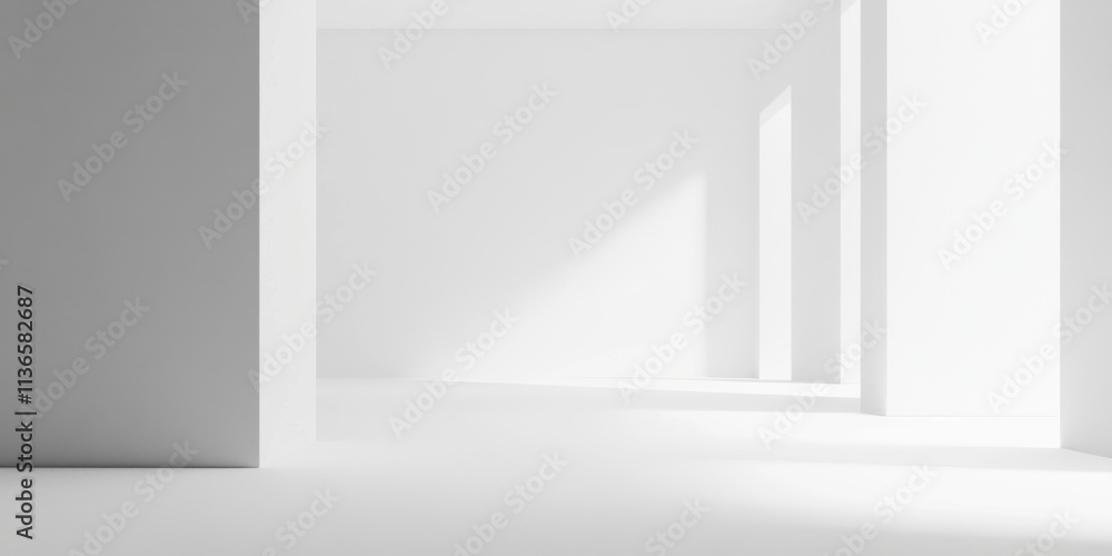 Poster a minimalist interior features white walls and a bright, expansive space. light streams through, cre