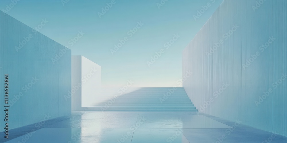 Poster soft colors and reflections create a tranquil atmosphere in a minimalist architectural space at dawn