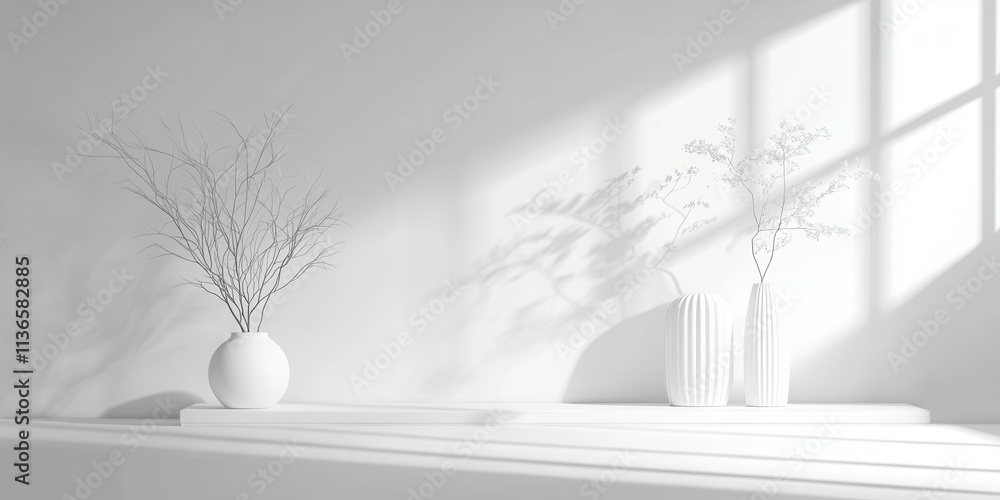 Poster a minimalist space showcases a bright room with white walls, featuring two elegant vases and soft sh
