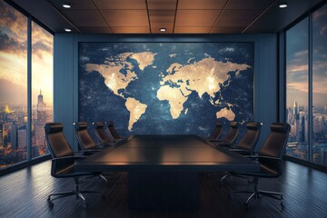 Luxurious, modern conference room with large world map and city view at sunset