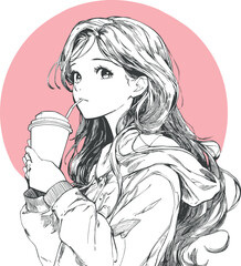 Anime girl in a hoodie drinking warm coffee takeaway outline design with pink circle on a background © Artem