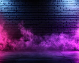 Abstract scene with a dark brick wall and neon purple and pink lights, smoke adding an intriguing layer to the empty product space.
