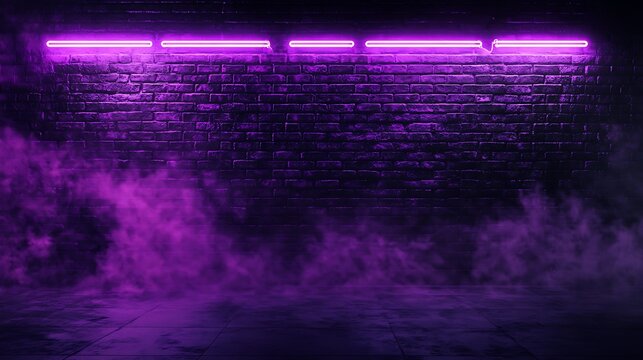 Abstract scene with a dark brick wall illuminated by purple neon light, smoke enveloping an empty room ready for a night party or photo shoot.