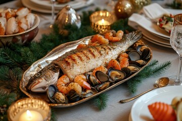 Grilled fish served with shrimp and clams for a holiday meal