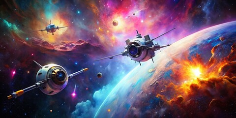 Fototapeta premium Nebula Spacecraft Flight - Cosmic Exploration, Colorful Nebula, Spacecraft Art, Sci-Fi Artwork, Galactic Journey, 3D Render, Space Exploration, Astronomy Image, Digital Painting