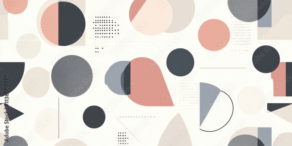 Poster a collection of overlapping circles, triangles, and abstract shapes in muted tones forms a visually 