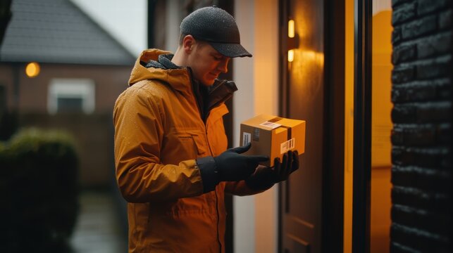 delivery man delivering package at door