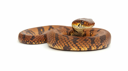 Obraz premium Stunning close-up of a coiled brown and orange snake, isolated on a white background. Perfect for nature, wildlife, or reptile-themed projects.