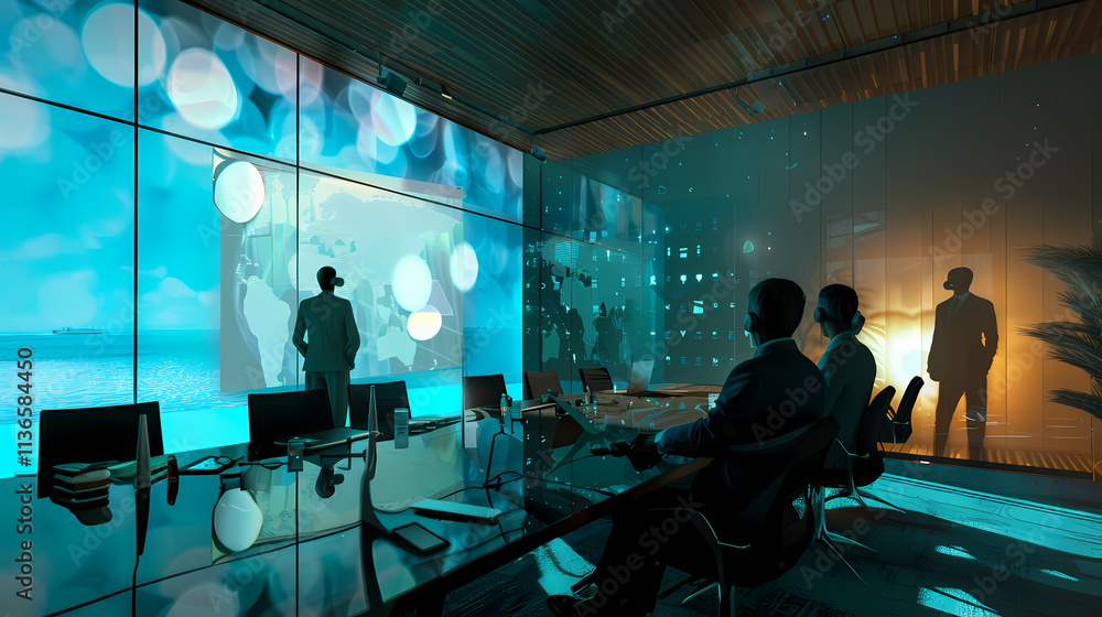 Poster global strategy: silhouettes of business professionals gather around a large screen displaying a dyn