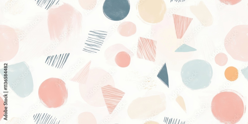 Poster soft pastel shapes and patterns dance across a light background, creating a visually appealing compo