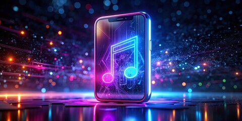 Obraz premium Neon Holographic Music Phone Symbol, 3D Render, Dark Background, Abstract Landscape Photography