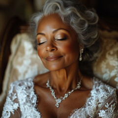Closeup portrait of beautiful mature bride wearing white lace wedding dress © Zarecznaya