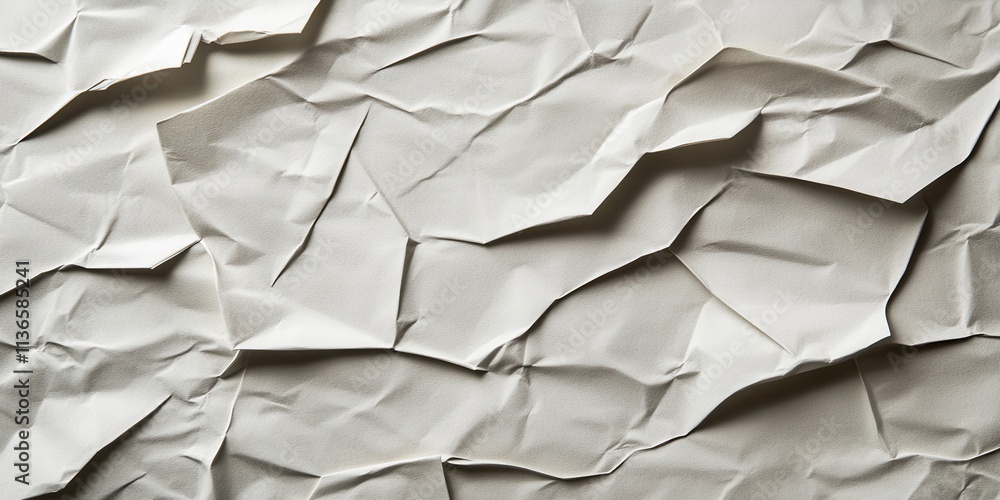 Poster A close-up view of crumpled paper displays intricate textures and patterns formed by folds, creating a visually interesting surface in muted tones. Generative AI