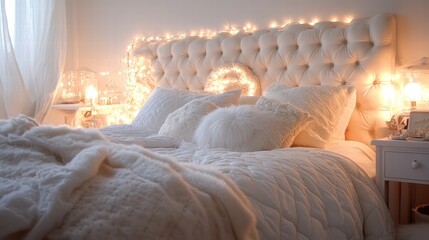 cozy white bedroom with string lights