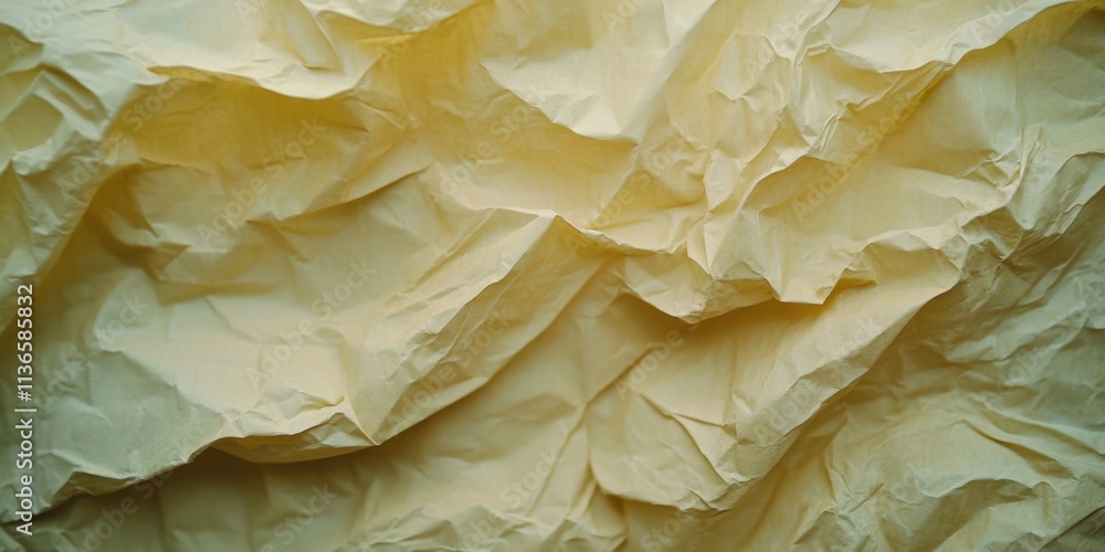 Poster a close-up view of crumpled light brown paper showcasing intricate textures and folds, illuminated s