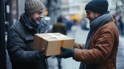 man giving cardboard box to needy person in winter