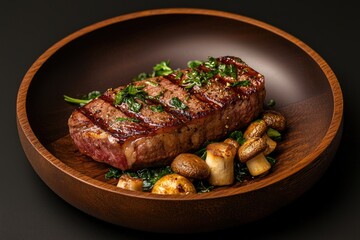 Grilled Steak Served With Mushrooms and Greens
