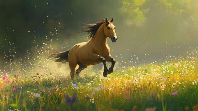A majestic palomino horse gallops through a vibrant meadow bursting with wildflowers. Sunlight streams through the trees, creating a magical atmosphere.