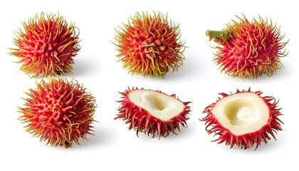 A set of Rambutan isolated on a white background. It includes whole,halved and slice, all with full depth of field. --ar 7:4
