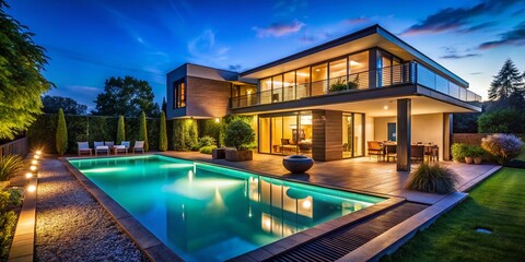 Night Countryside Modern House Pool Garden Photography - Urban Exploration Style