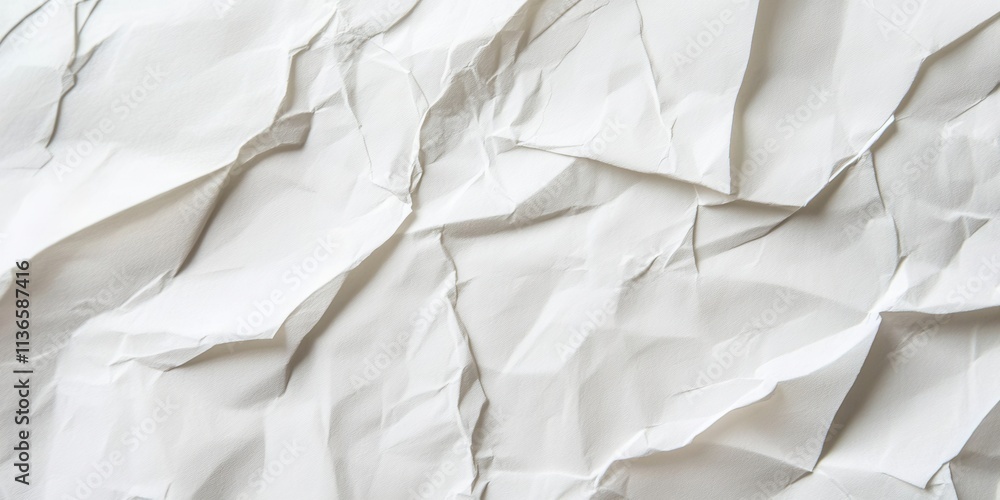 Poster a close-up view of crumpled white paper displaying various folds and creases, creating an interestin