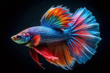 Fototapeta premium Night Photography Betta Fish, Siamese Fighting Fish, Underwater Macro, Aquatic Life, Dark Background, Glowing Fins, Beautiful Betta, Night Aquarium