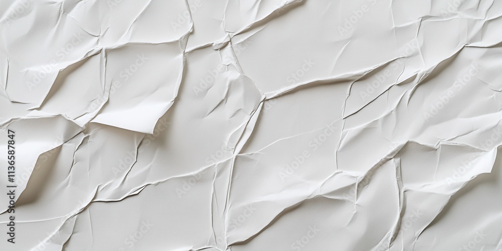 Poster close-up of a crumpled white paper texture reveals detailed folds and shadows under bright lighting,