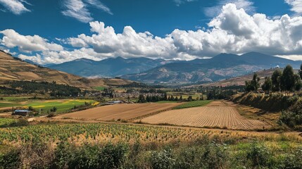Fototapeta premium Farmland blankets a valley beneath the towering peaks of the andes mountains in ecuador, creating a serene landscape