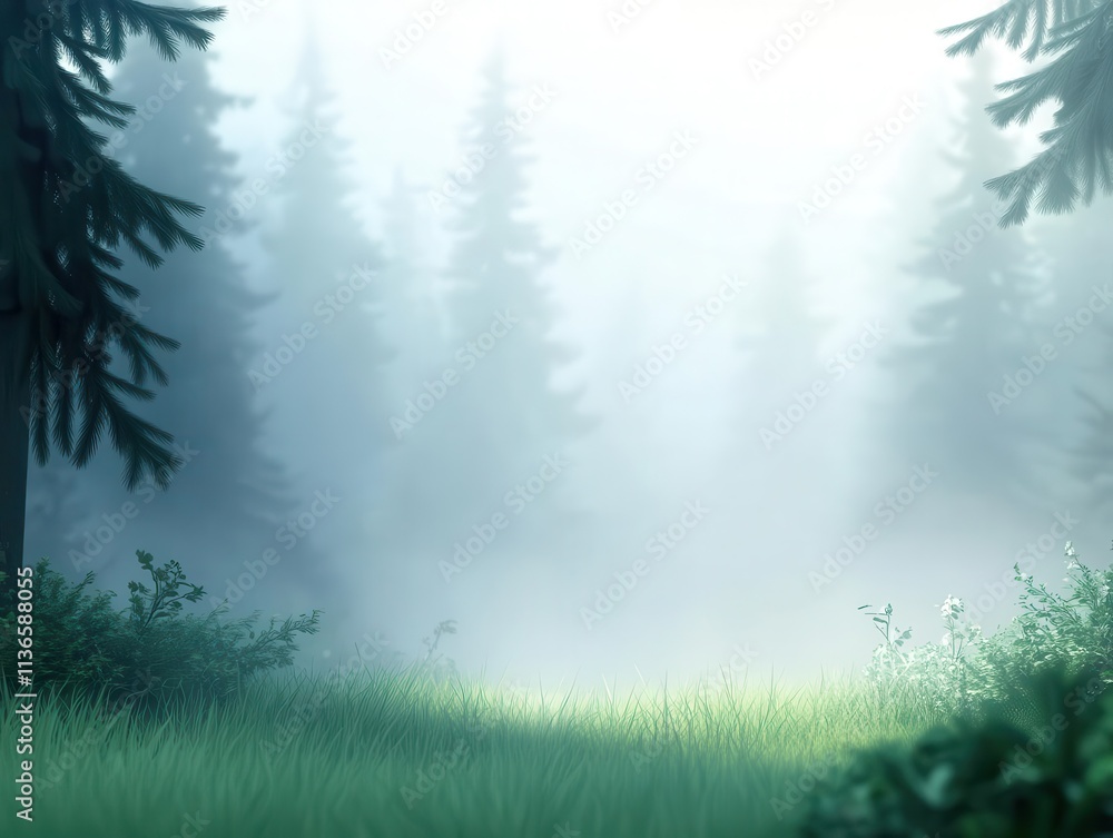 Poster as i walked along the foggy forest trail, the soft light filtering through the tall pine trees creat