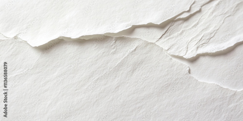 Poster textured white paper is displayed with torn edges, revealing a subtle interplay of shadow and light,