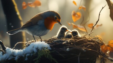 A mother robin bird tenderly watches over her three baby chicks nestled in a cozy nest, surrounded by the soft glow of the winter sun.