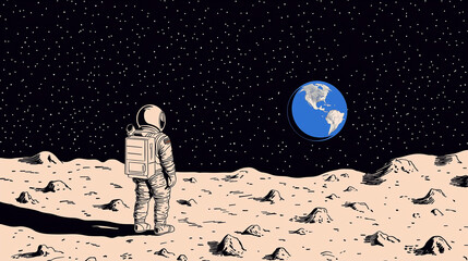 Obraz premium A lone astronaut on the Moon gazes at the vast cosmic expanse, the rocky gray terrain beneath their boots blending into the infinite darkness of the universe. Stars scatter like di