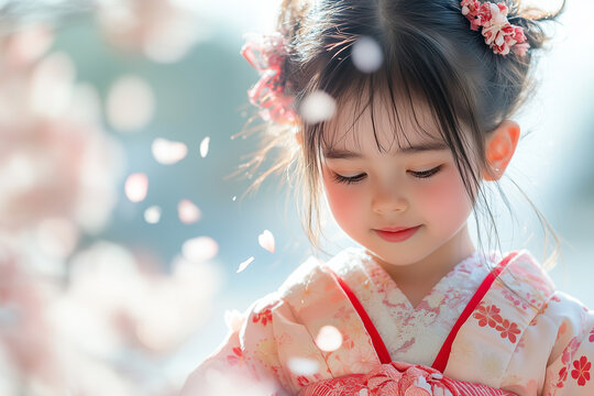 little girl in a Japanese national costume with sakura blossom petals in the background. Blank empty space for text