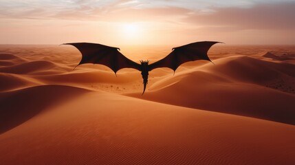 Flying Dragon A dragon flying over a vast desert landscape, its shadow stretching across the sand dunes as it searches for prey, a symbol of dominance and survival.