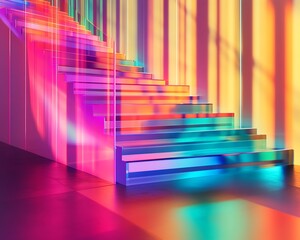 Abstract stairs with vibrant neon lights and shadows on a glass curtain wall, featuring a blurred...