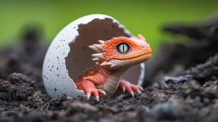 Fototapeta premium Dragon Egg and Hatchlings A tiny dragon hatchling emerging from its cracked egg, its scales still wet and its eyes full of wonder as it takes its first look at the world.