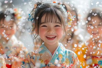 little girl in a Japanese national costume with sakura blossom petals in the background